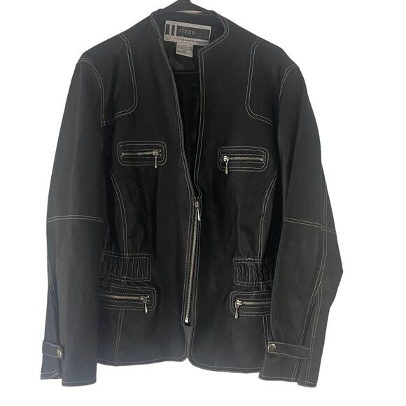 JL Studio Vintage 90s Plus Size 20 W Black 100% Leather Half Zip Moto Jacket - Picture 1 of 9